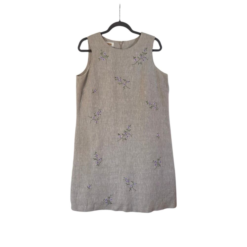 Talbots Classic 100% Linen Khaki Embroidered Floral Modest Mini Dress, Size 12P - Picture 2 of 15